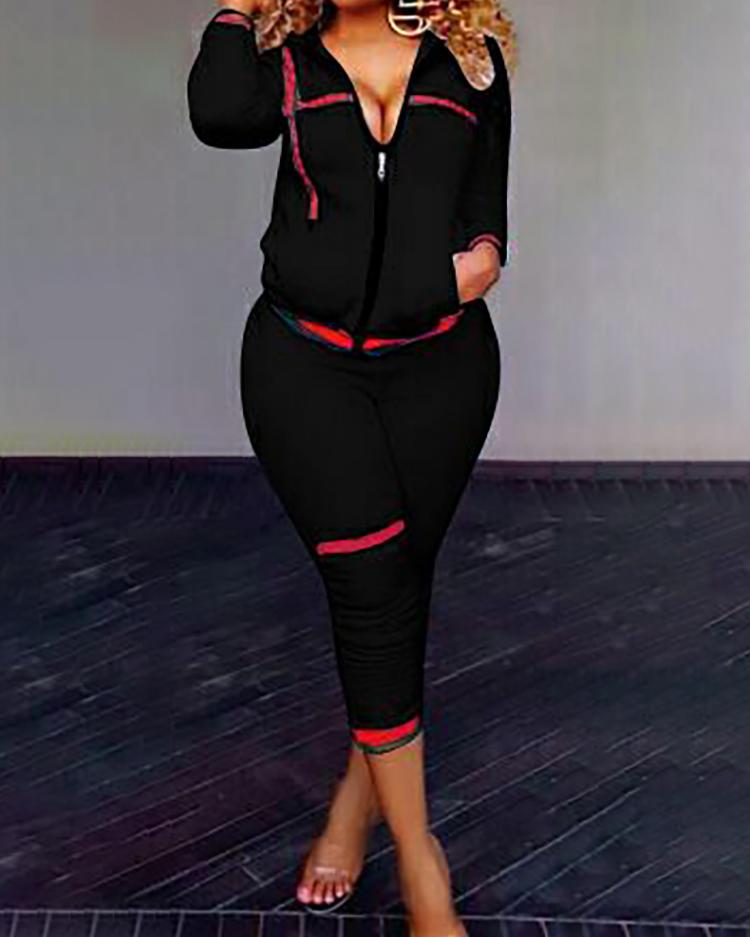 

Contrast Binding Zip Front Top & Pants Set, Black