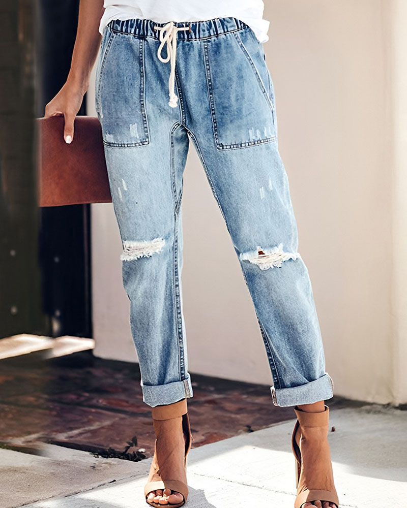 

Pocket Detail Ripped Drawstring Jeans, Lighted blue