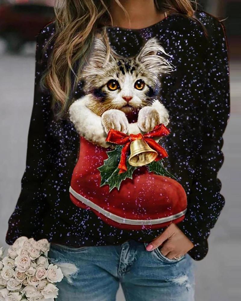 

Christmas Cat Print Long Sleeve Sweatshirt, Black