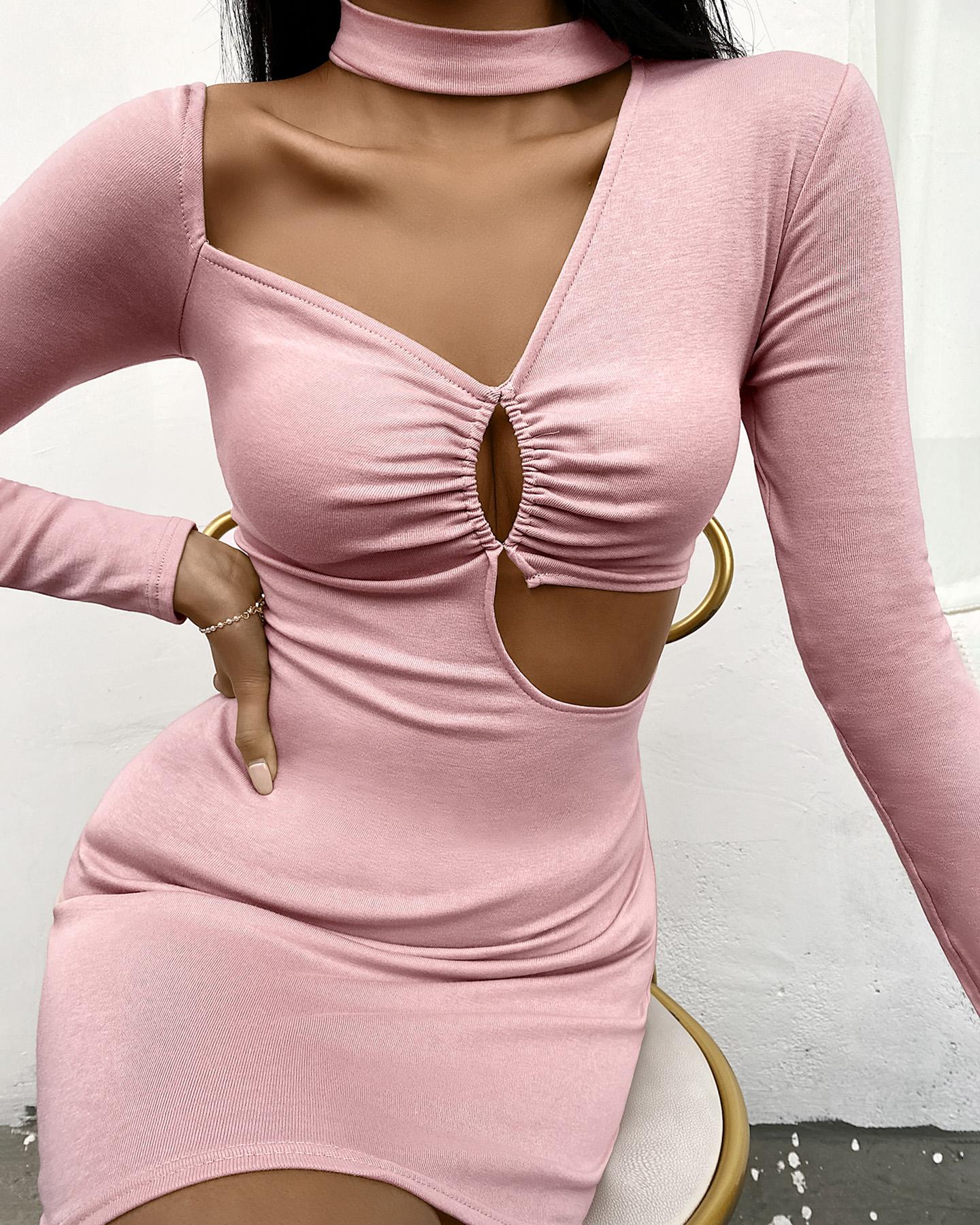 

Irregular Cutout Long Sleeve Bodycon Dress, Pink