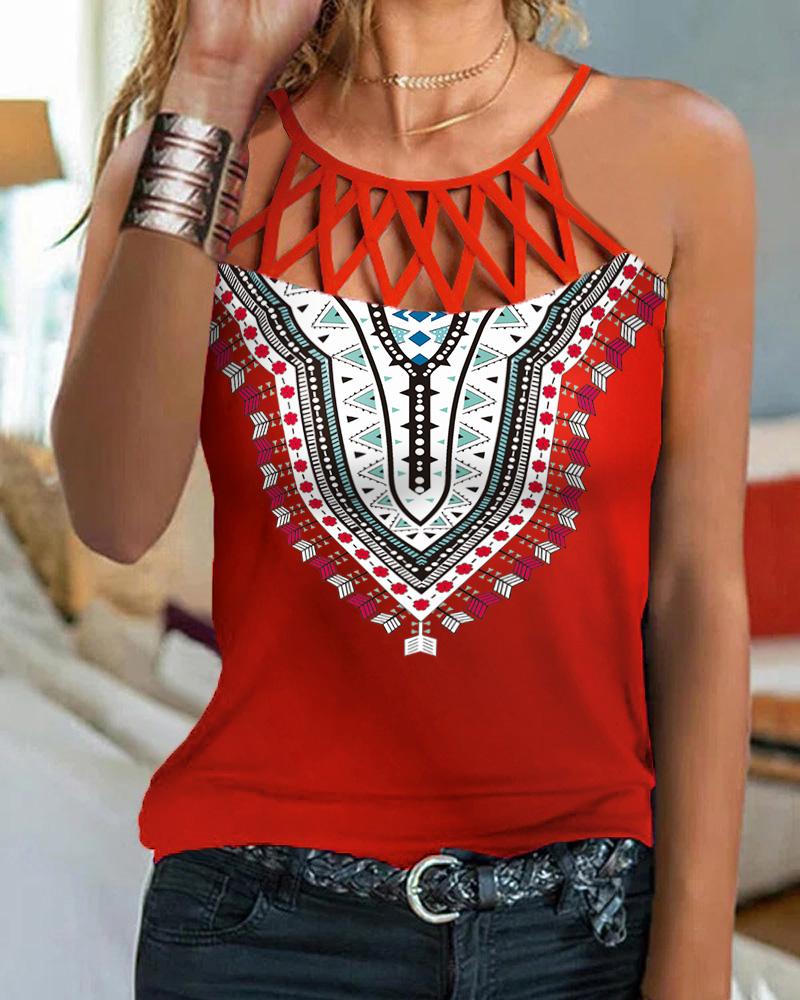 

Tribal Print Hollow Out Tank Top, Red