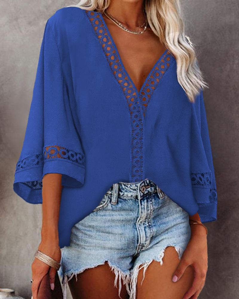 

Hollow-out Bell Sleeve V-Neck Top, Blue