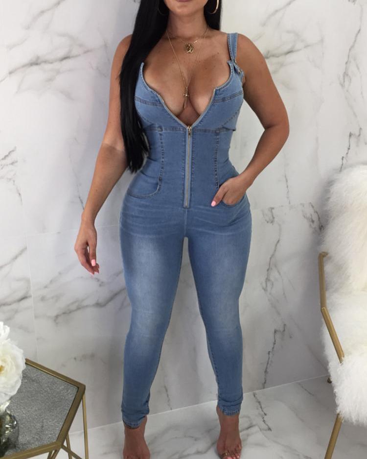 

Zipper Button Cutout Back Pocket Denim Jumpsuit, Dark blue