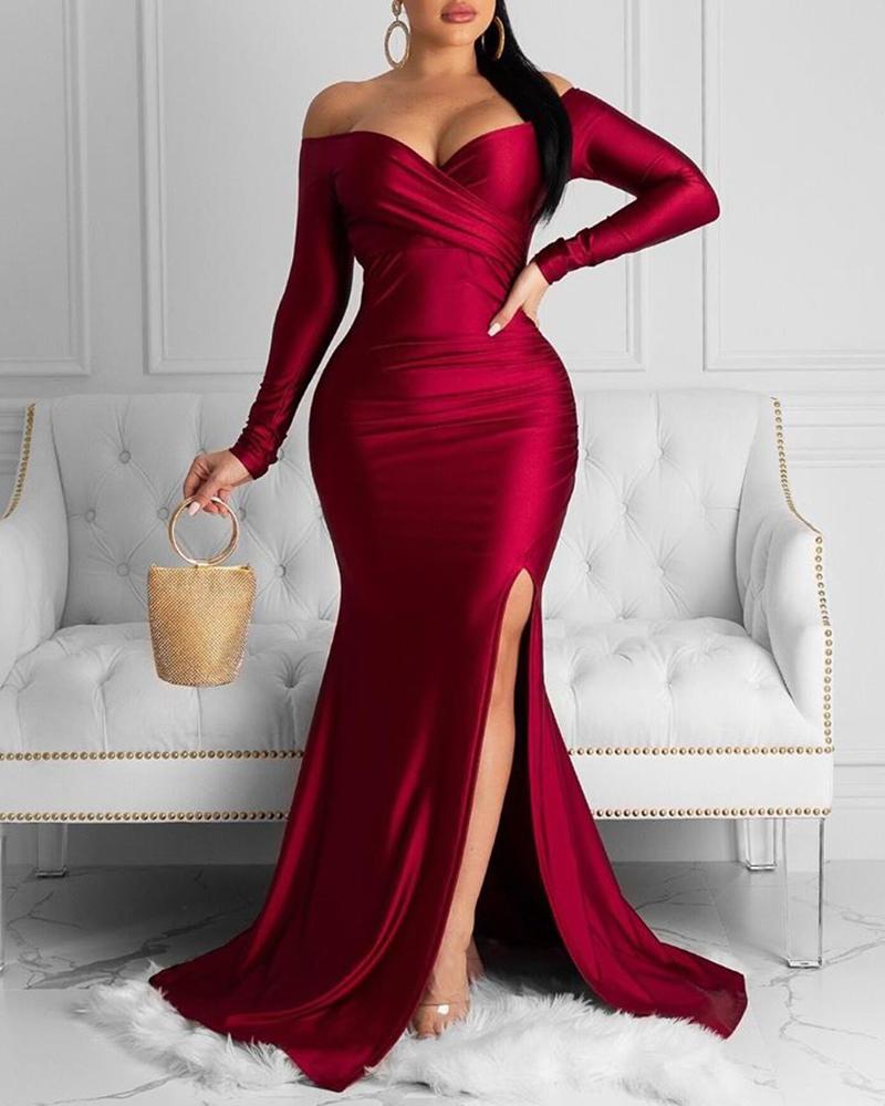 

Off Shoulder Ruched Slit Evening Dress, Wine red