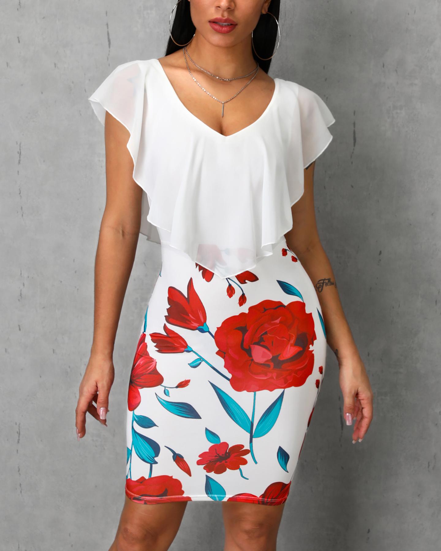 

Floral Print Ruffles Design Bodycon Dress, Multicolor