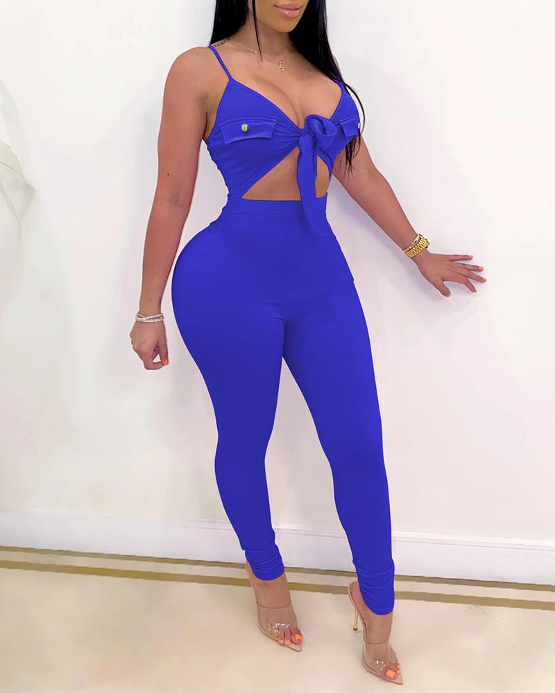 

Tie Front Cutout Pocket Design Jumpsuit, Blue
