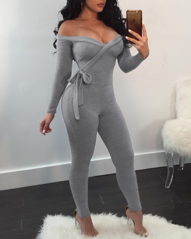 

Off Shoulder Tied Detail Jumpsuit, Gray
