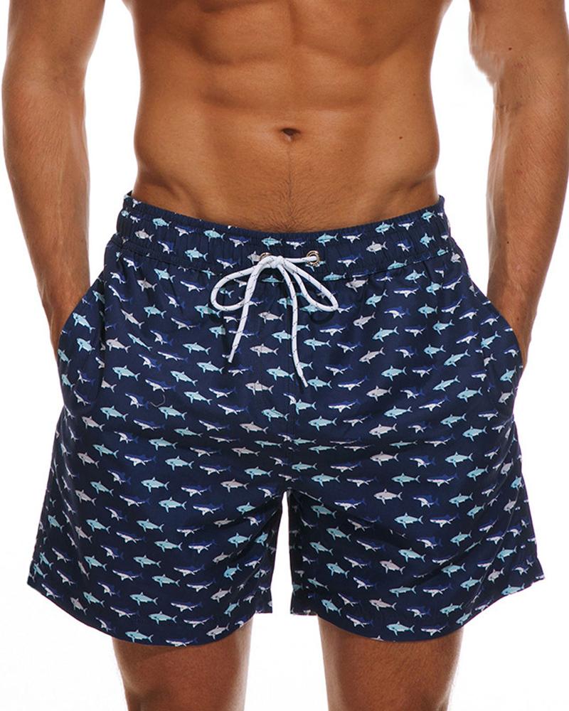 

Vacation Style Multicolor Fish Print Drawstring Short Pants, Blue