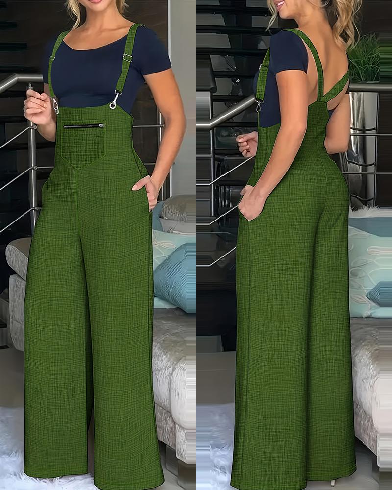 

Pocket Design Wide Leg Suspender Jumpsuit, Green