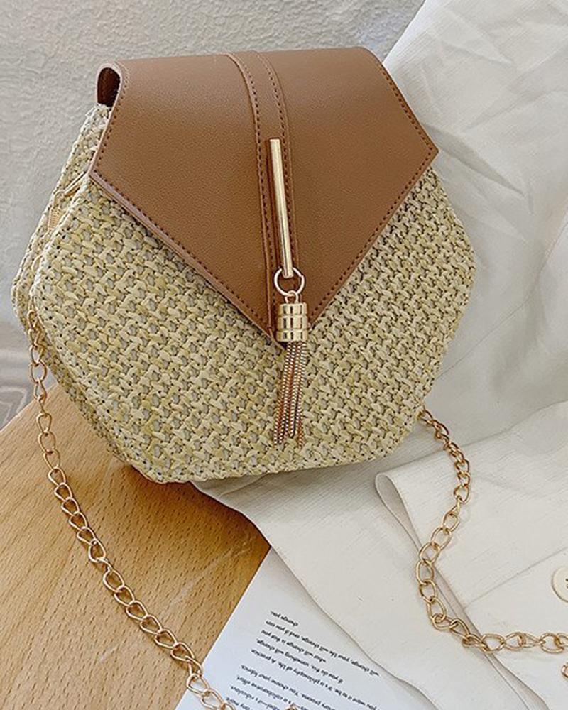 

Colorblock Tassel Design Hexagonal Shaped Straw Shoulder Bag, Brown