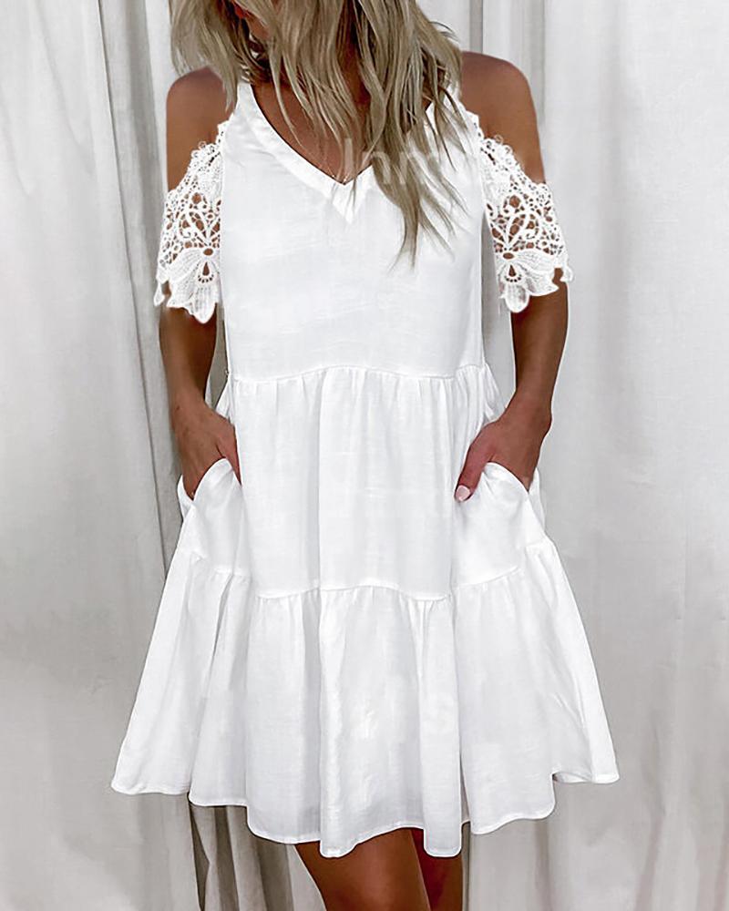 

Lace Patch Cold Shoulder Pocket Design Casual Dress, White