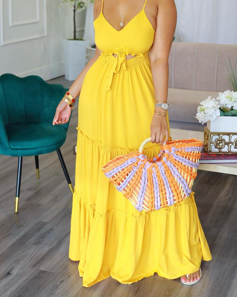 

Spaghetti Strap Frill Hem Cutout Maxi Dress, Yellow