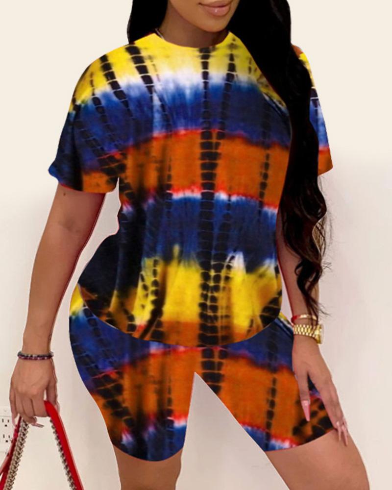 

Tie Dye Print Colorblock Top & Shorts Set, Yellow