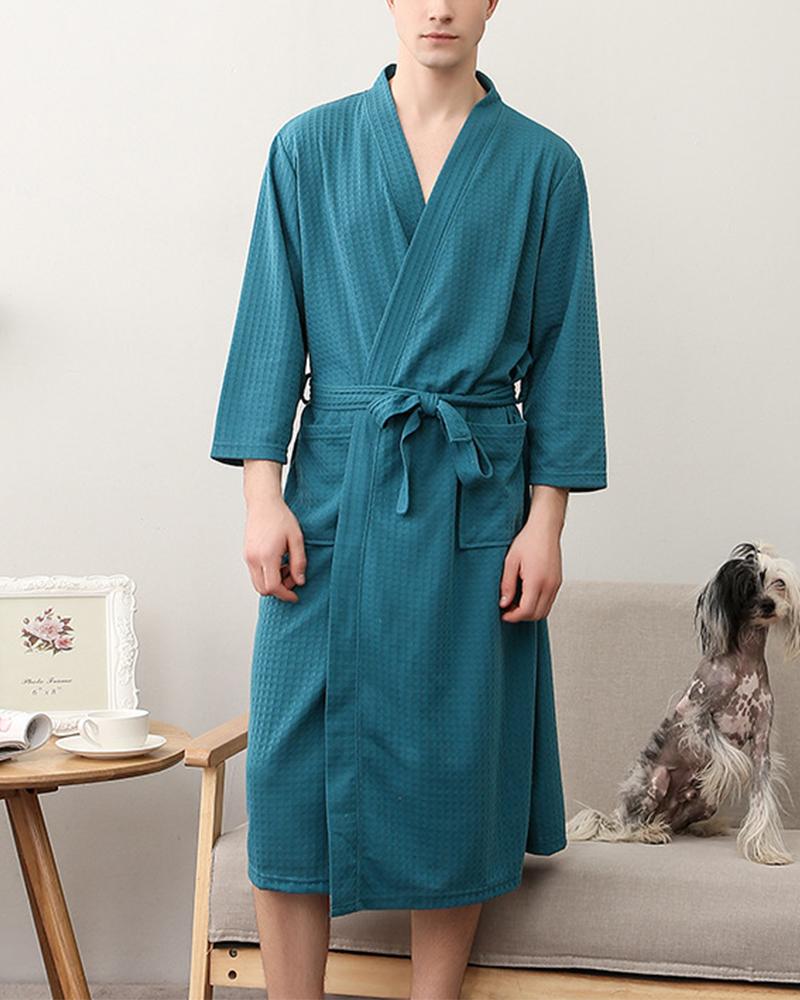 

Solid Color Lace-up Long Sleeve Nightgown, Green