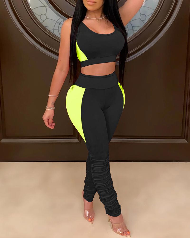 

Colorblock Casual Crop Top & Pants Set, Green