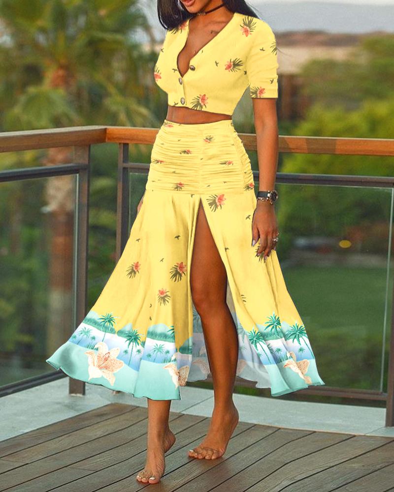 

Floral Print Crop Top & Ruched Slit Skirt Sets, Yellow