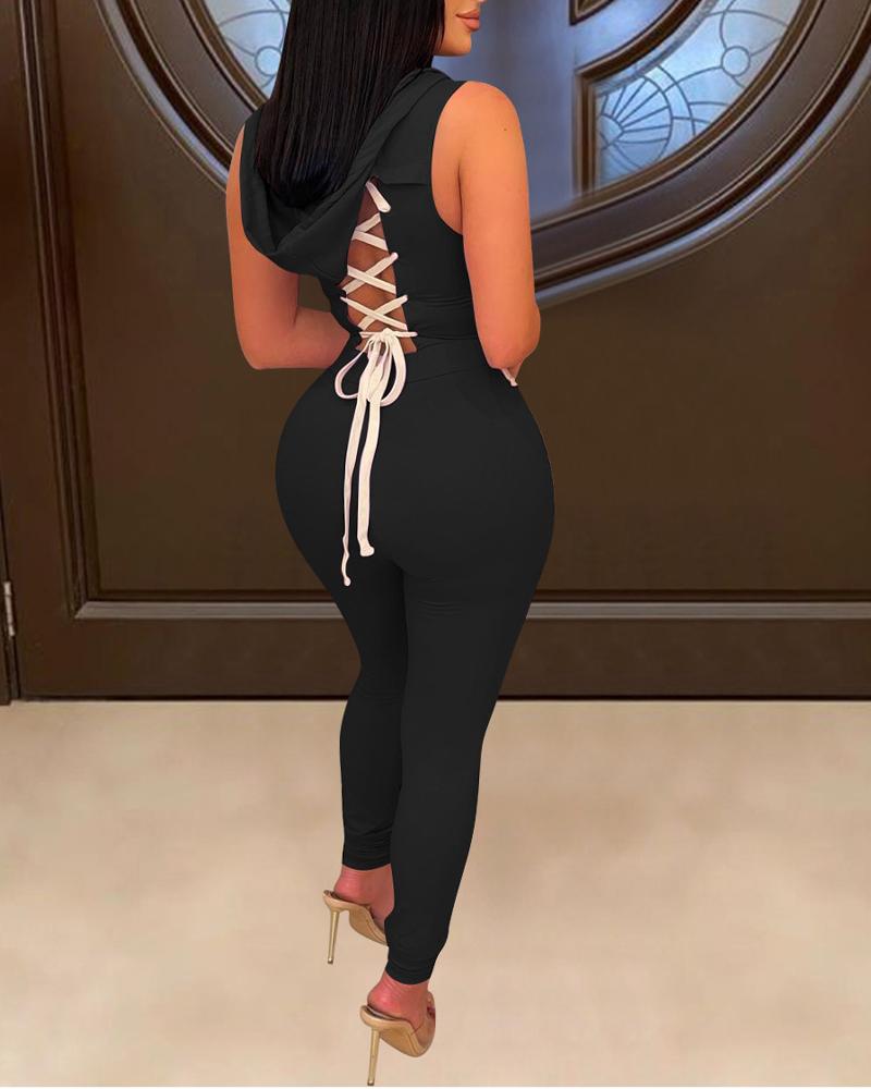 

Lace-up Back Sleeveless Hooded Jumpsuit, Black