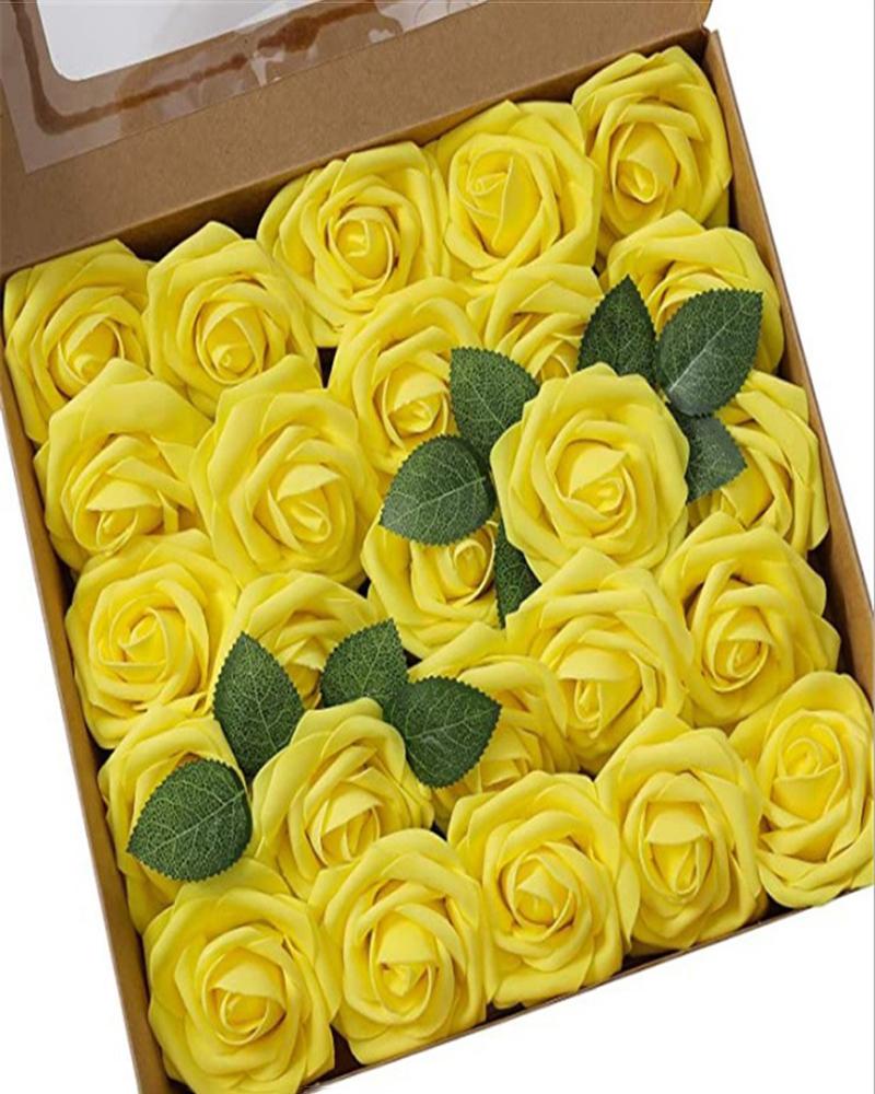 

Artificial Flowers 25pcs Real Looking Blush Foam Fake Roses with Stems for DIY Wedding Bouquets Bridal Shower Centerpieces Party Decorations, Yellow