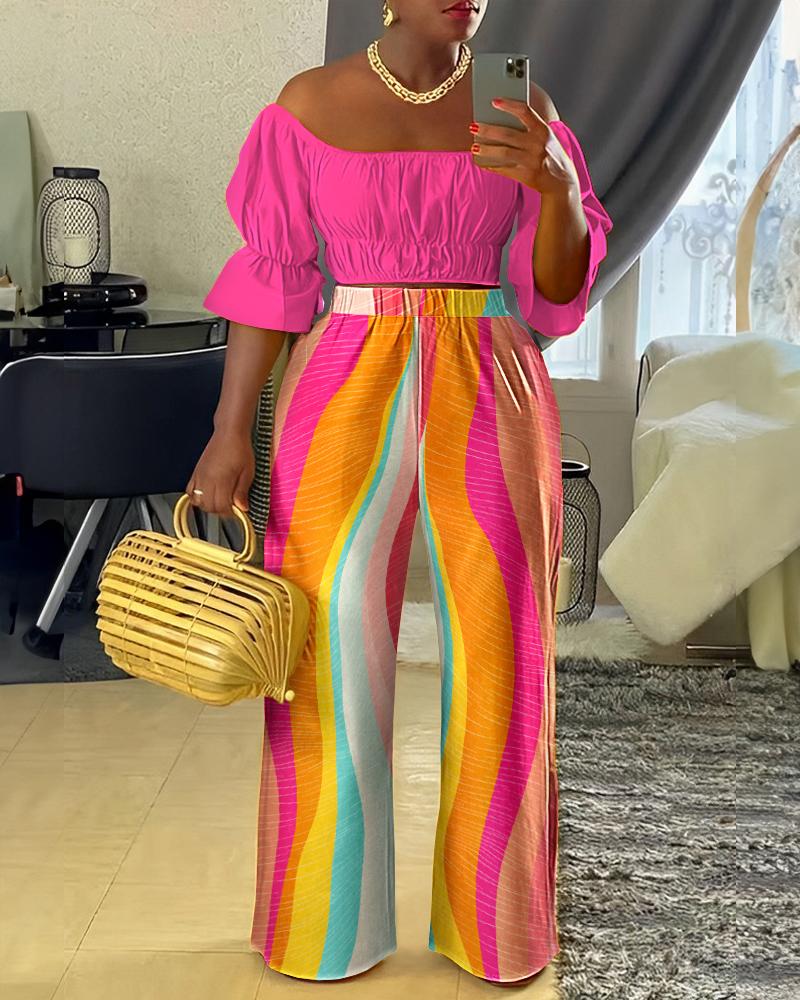 

Off Shoulder Ruched Top & Rainbow Stripe Print Pants Set, Multicolor