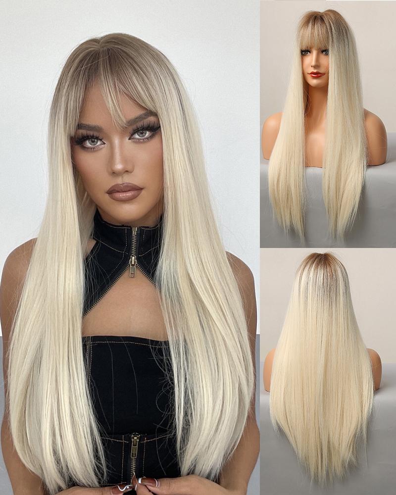 

Long Straight Brown Mix Blonde Synthetic Hair Wig With Bangs, Style1