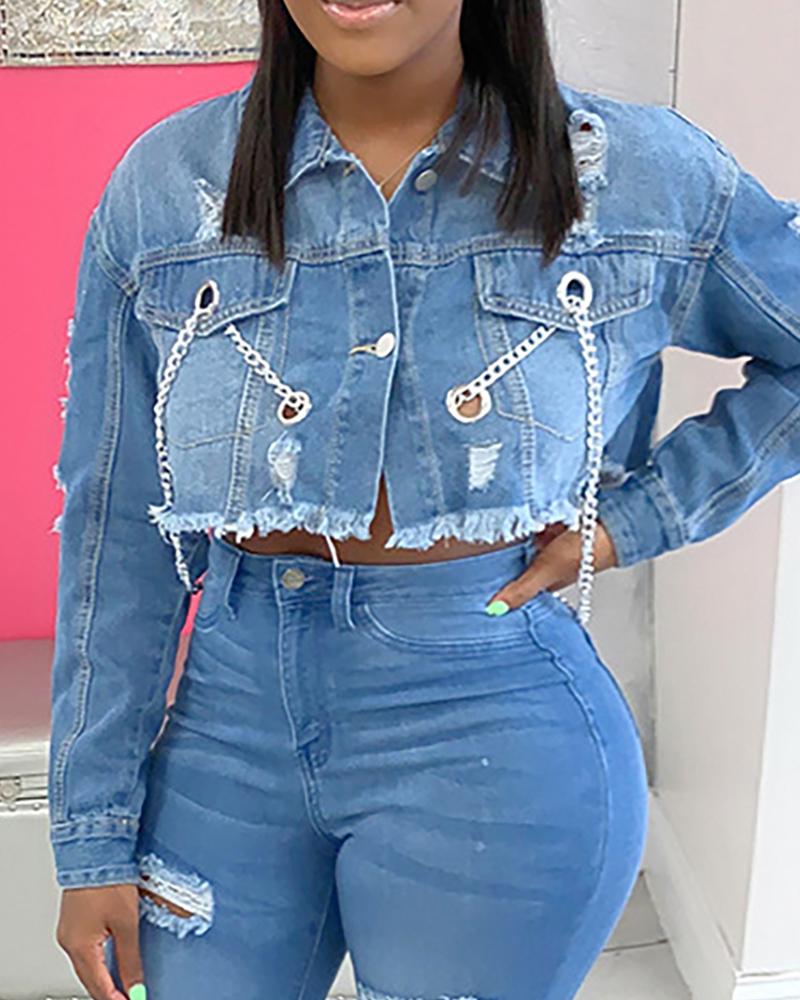 

Eyelet Chain Strap Fringe Hem Ripped Backless Denim Jacket, Blue
