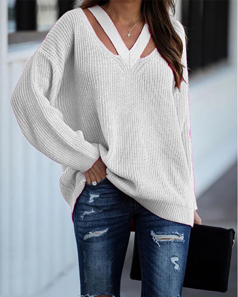 

Plain Casual Cutout V-Neck Drop Shoulder Sweater Daily Knitted Sweater, White