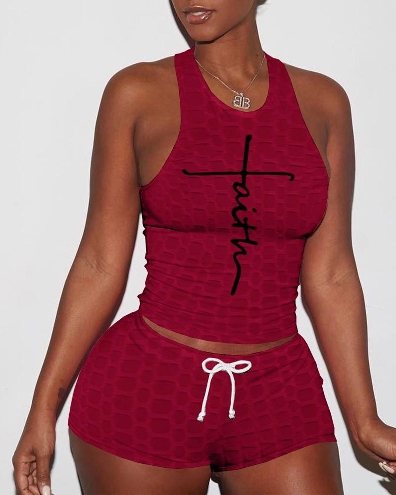 

Letter Print Textured Drawstring Active Set, Wine red