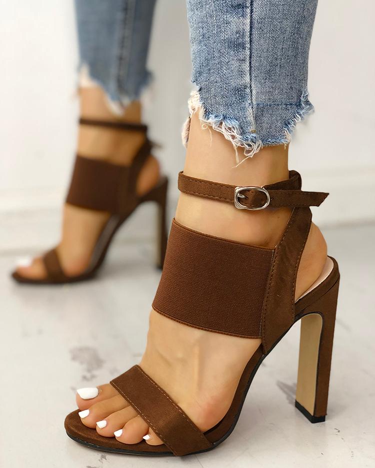 

Open Toe Elastic Strap Heeled Sandals, Dark brown