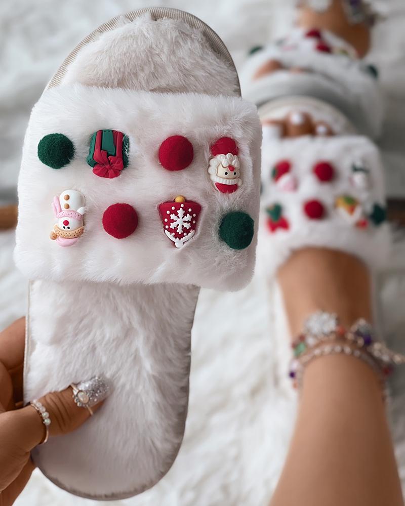 

Christmas Tree Snowman Cartoon Fuzzy Slippers, White