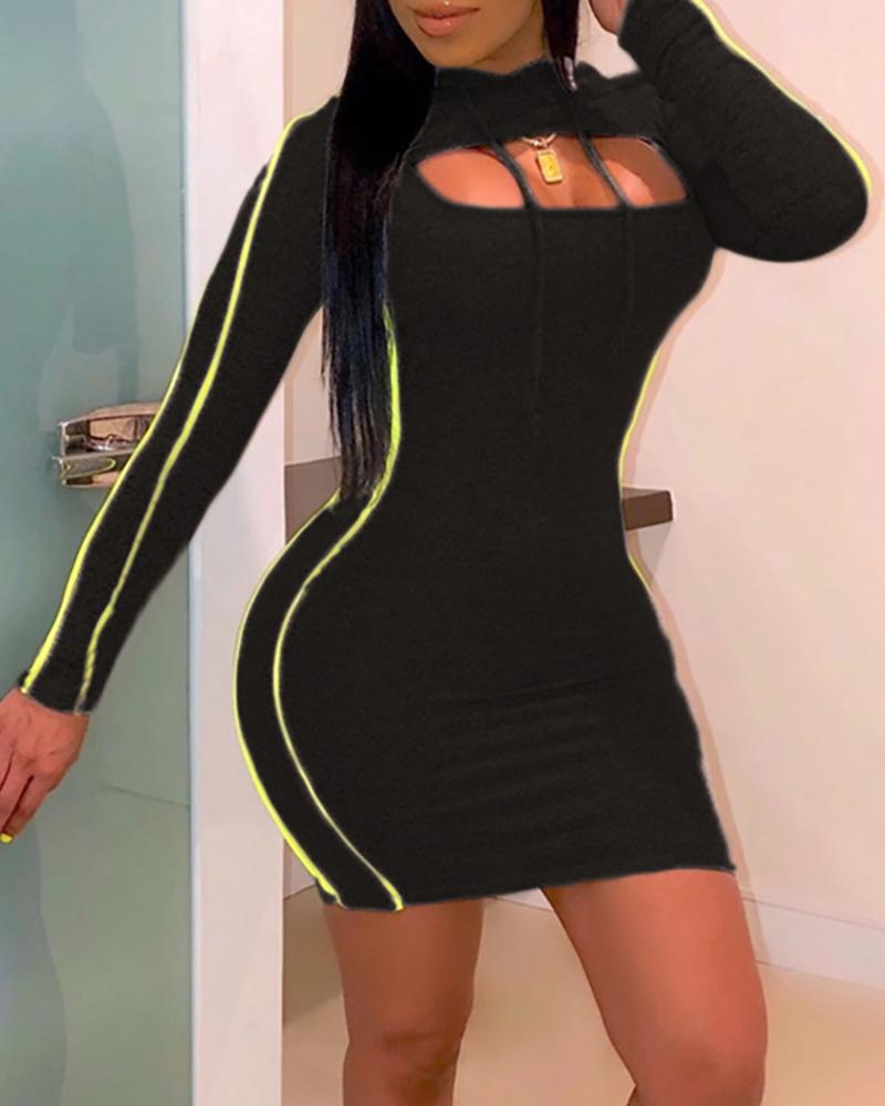 

Hooded Drawtring Striped Cut Out Sweatshirt Dress, Black