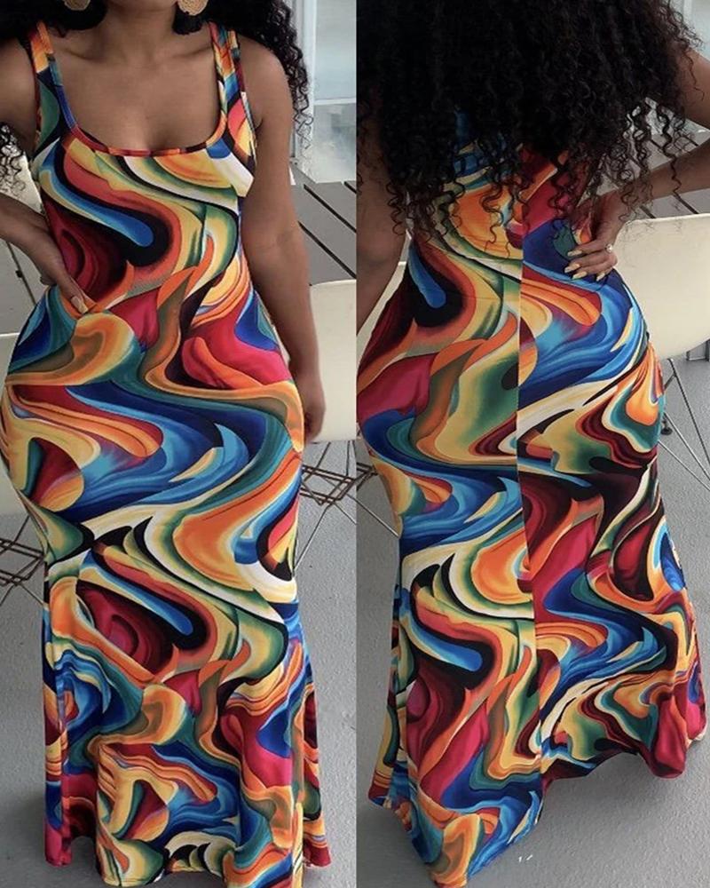

Abstract Print Thick Strap Maxi Dress, Red