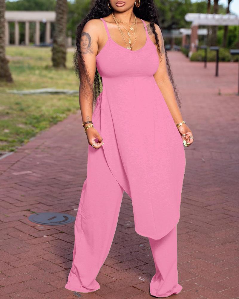 

Asymmetrical Hem Cami Top & Wide Leg Pants Set, Pink