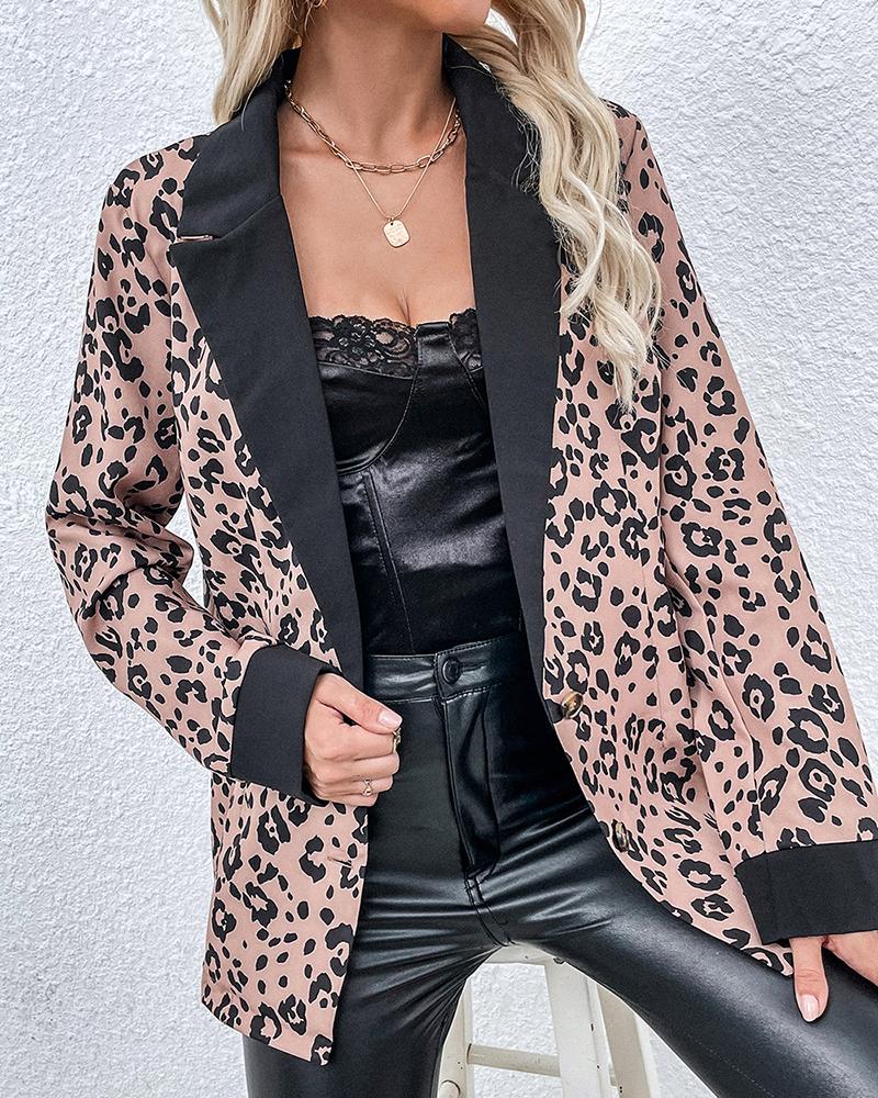 

Cheetah Print Colorblock Long Sleeve Blazer Coat, Black