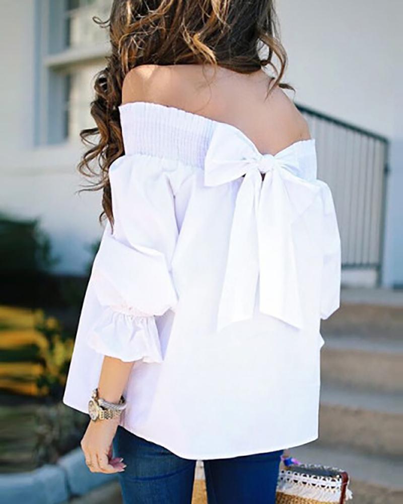 

Off Shoulder Bowknot Shirring Detail Top, White