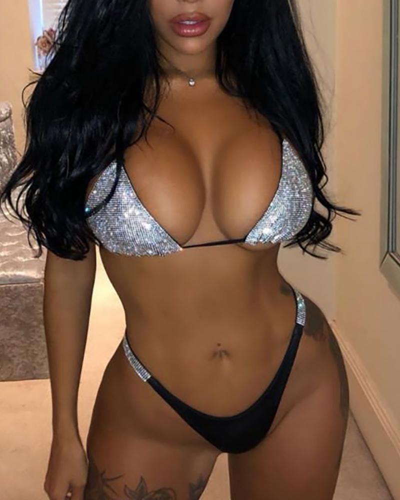 

Rhinestone Decor Halter Bikini Set, Black