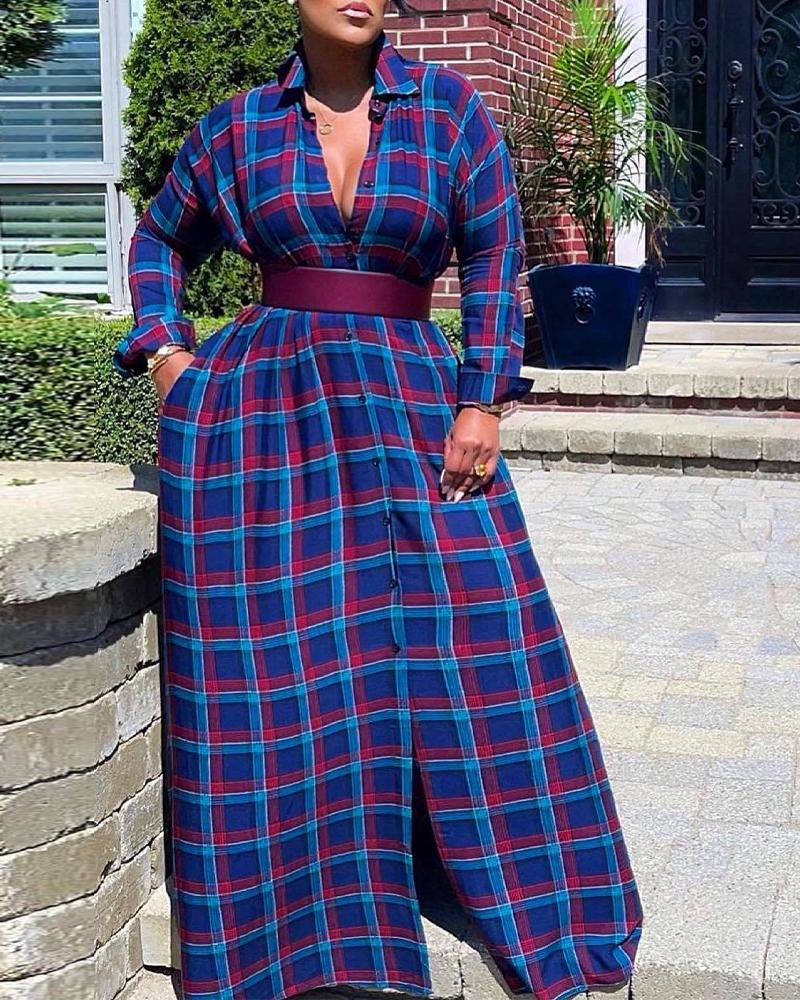 

Plaid Print Long Sleeve Button Down Shirt Dress, Blue