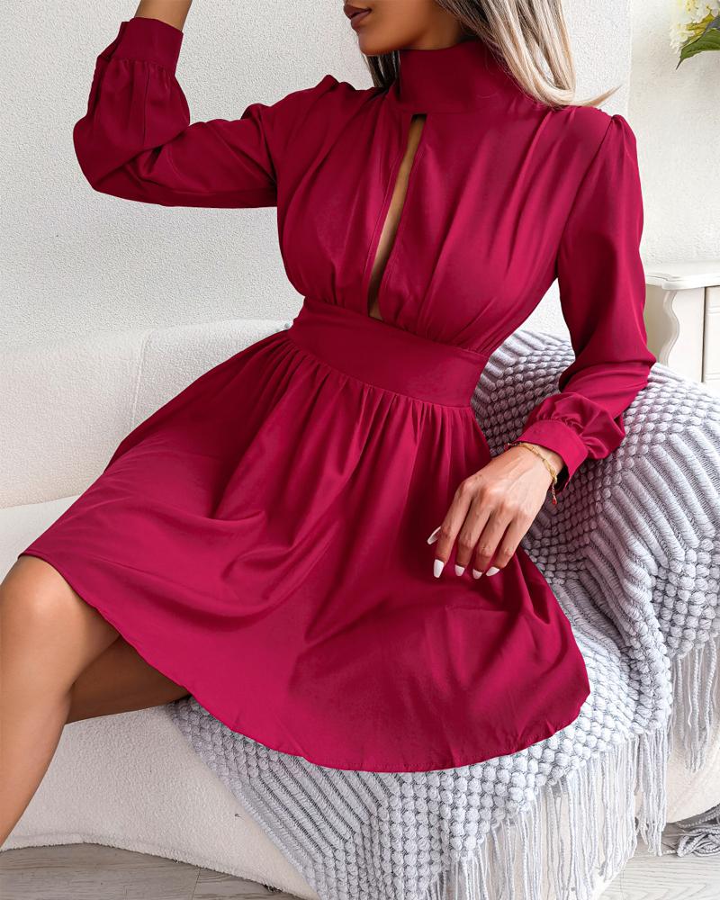 

Long Sleeve Cutout High Neck Shirt Dress, Red