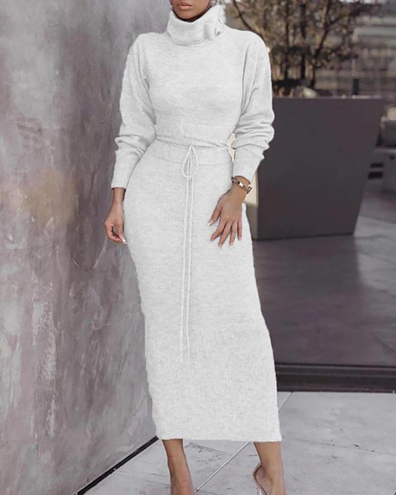 

High Neck Drawstring Knit Casual Dress, White