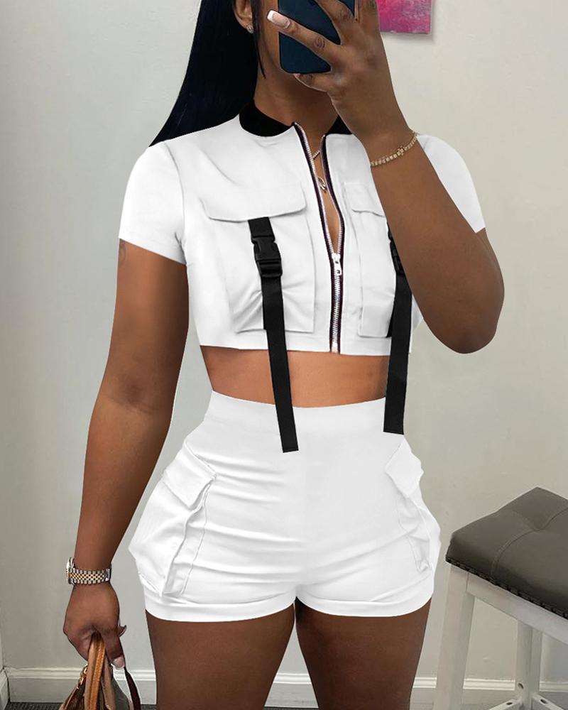 

Buckled Pocket Design Baseball Collar Top & Shorts Set, White