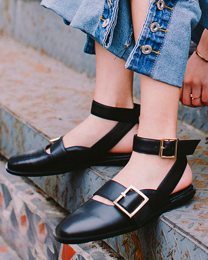 

Square Toe Buckled Ankle Strap Flats, Black