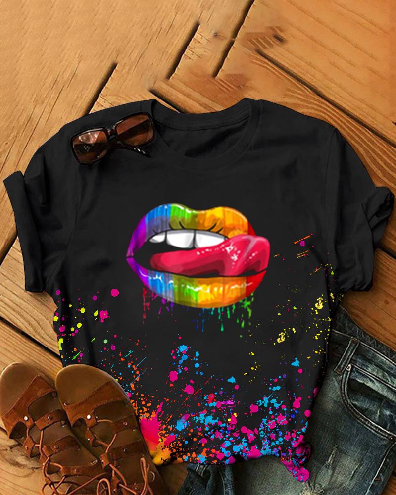 

Lip Ink Splash Print Short Sleeve Casual T-shirt, Black
