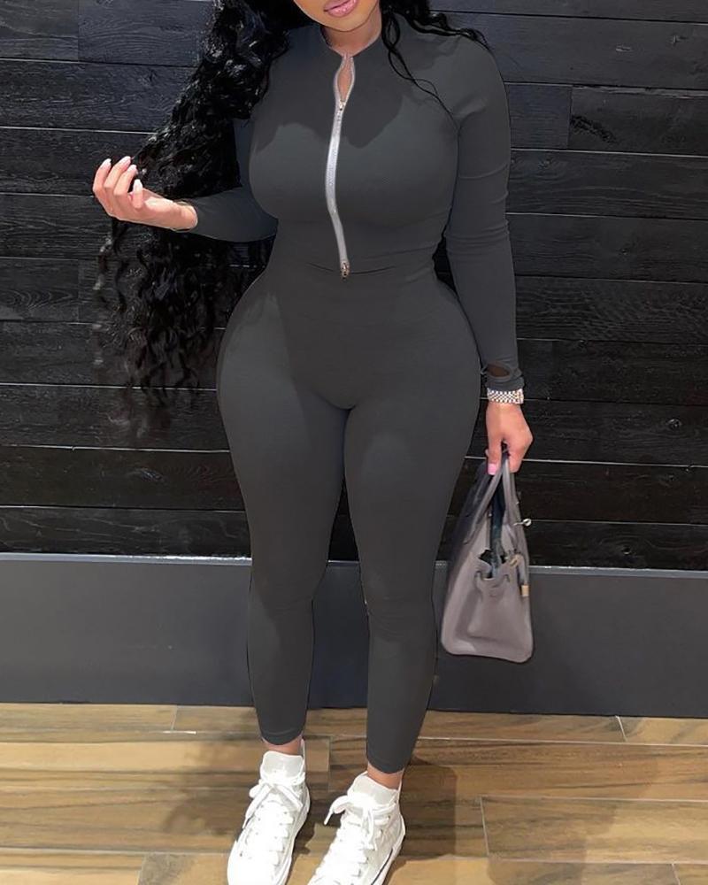 

Zipper Zipper Long Sleeve Top & High Waist Pants Set, Black