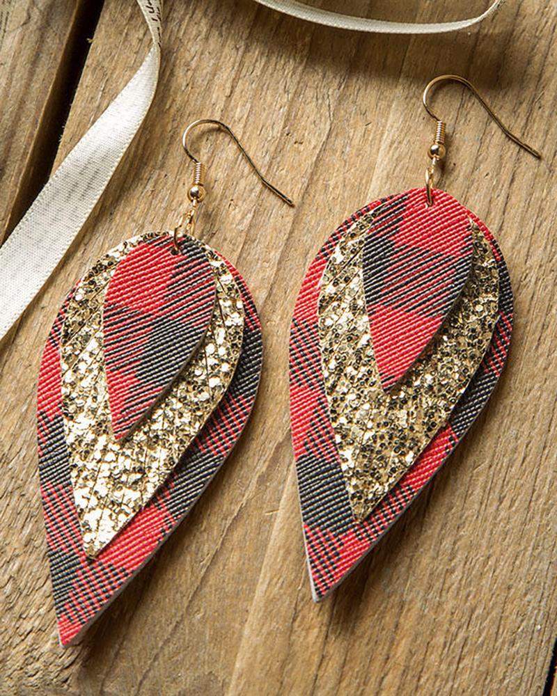 

1Pair Christmas Leaf Shaped Plaid Print PU Leather Sequins Drop Earrings, Style3