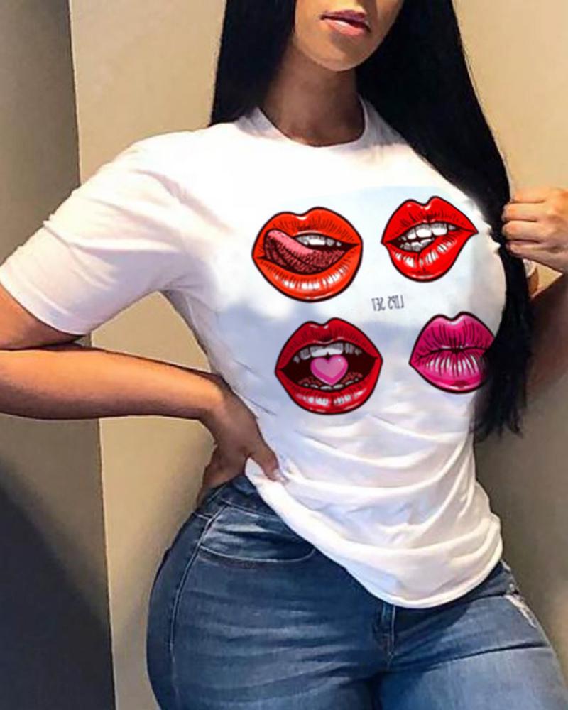 

Lip Print Short Sleeve Casual T-shirt, White