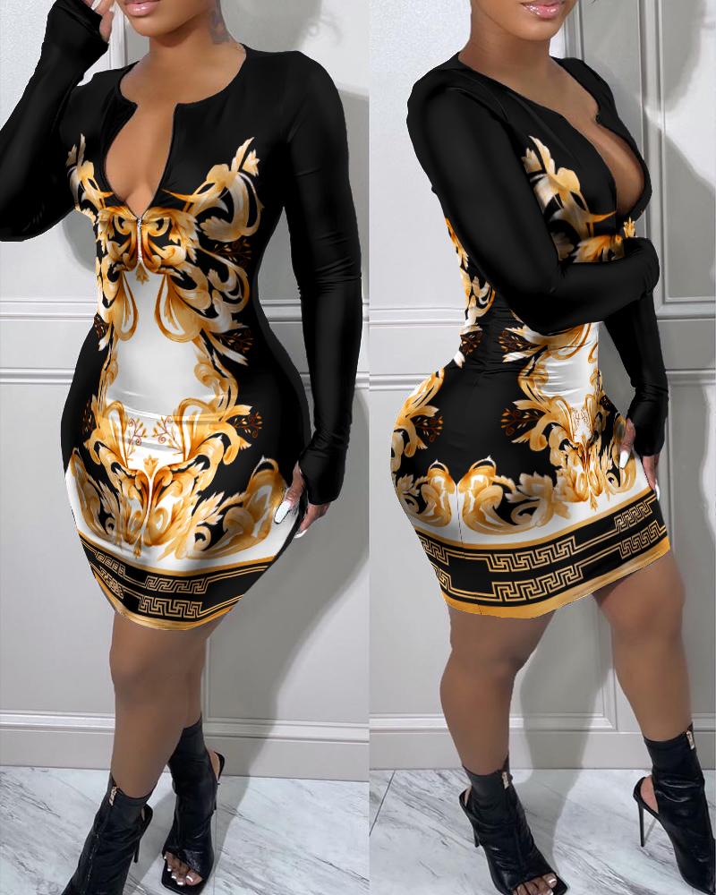 

Baroque Print Zip Front Long Sleeve Bodycon Dress, Black