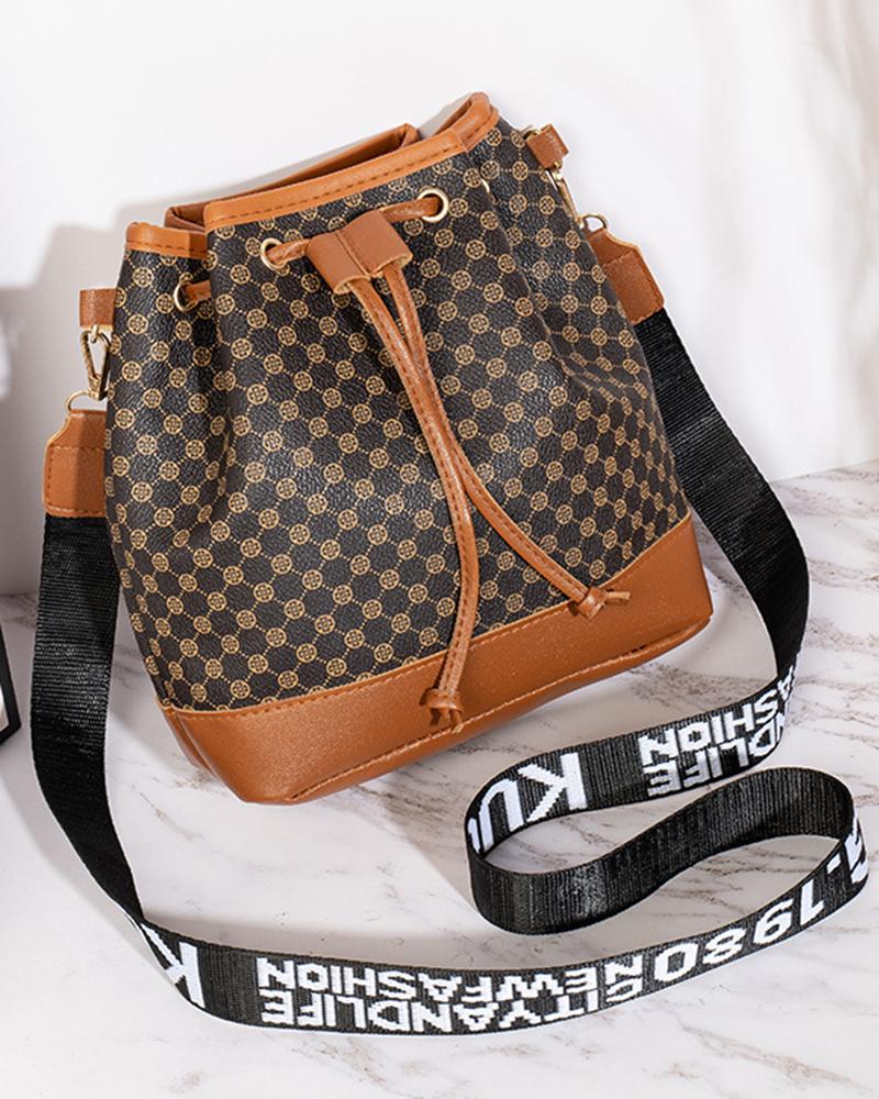 

Graphic Print Drawstring Bucket Crossbody Shoulder Bag, Brown