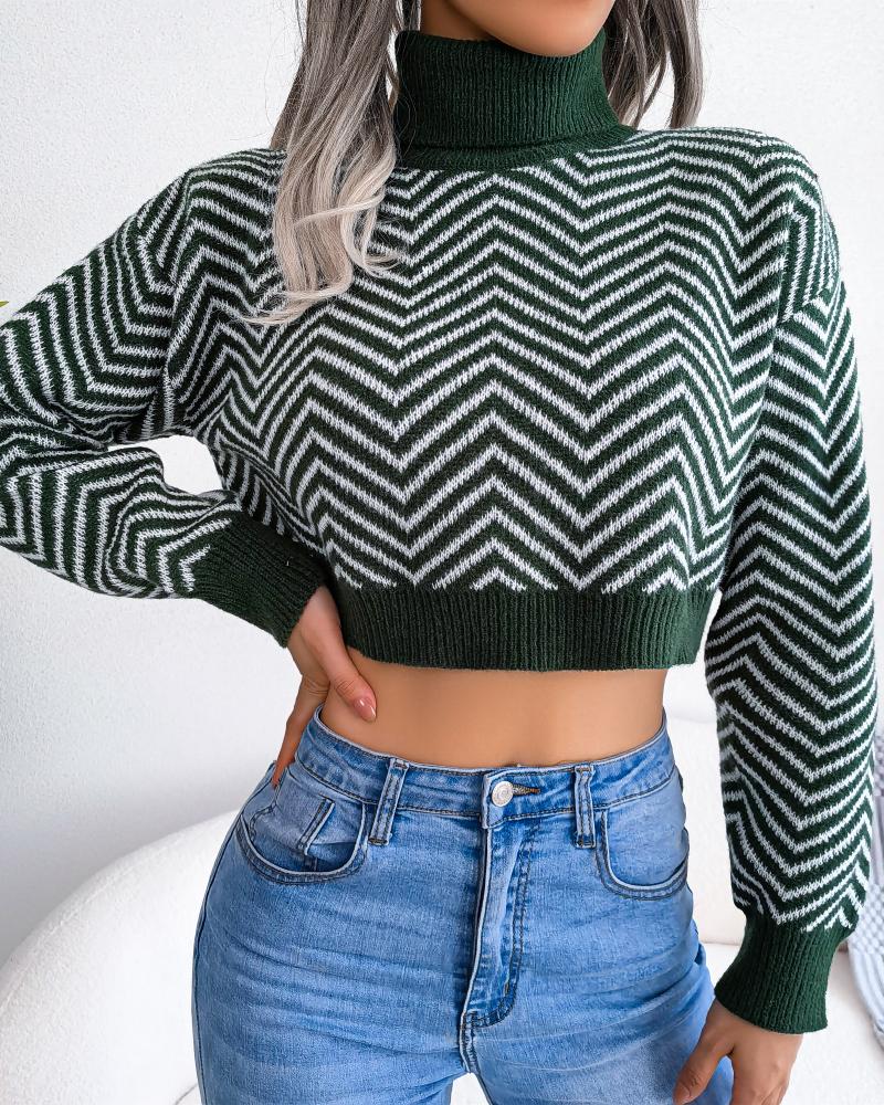 

Chevron Print High Neck Crop Sweater, Green