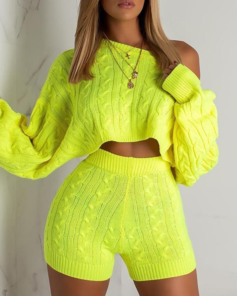 

Knit Braided Crop Top & High Waist Shorts Set, Green