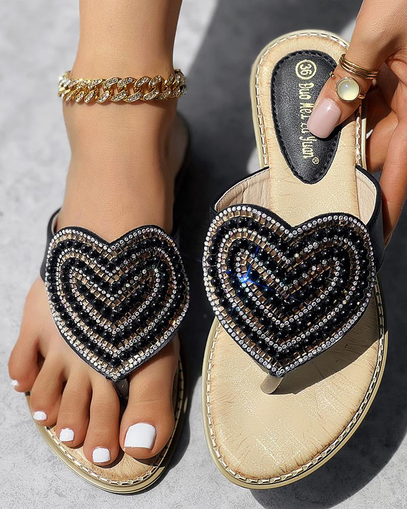 

Rhinestone Pearls Heart Pattern Beach Flip Flops, Black