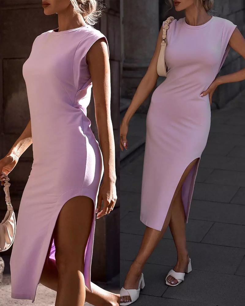 

O-neck Asymmetrical Hem Bodycon Dress, Pink